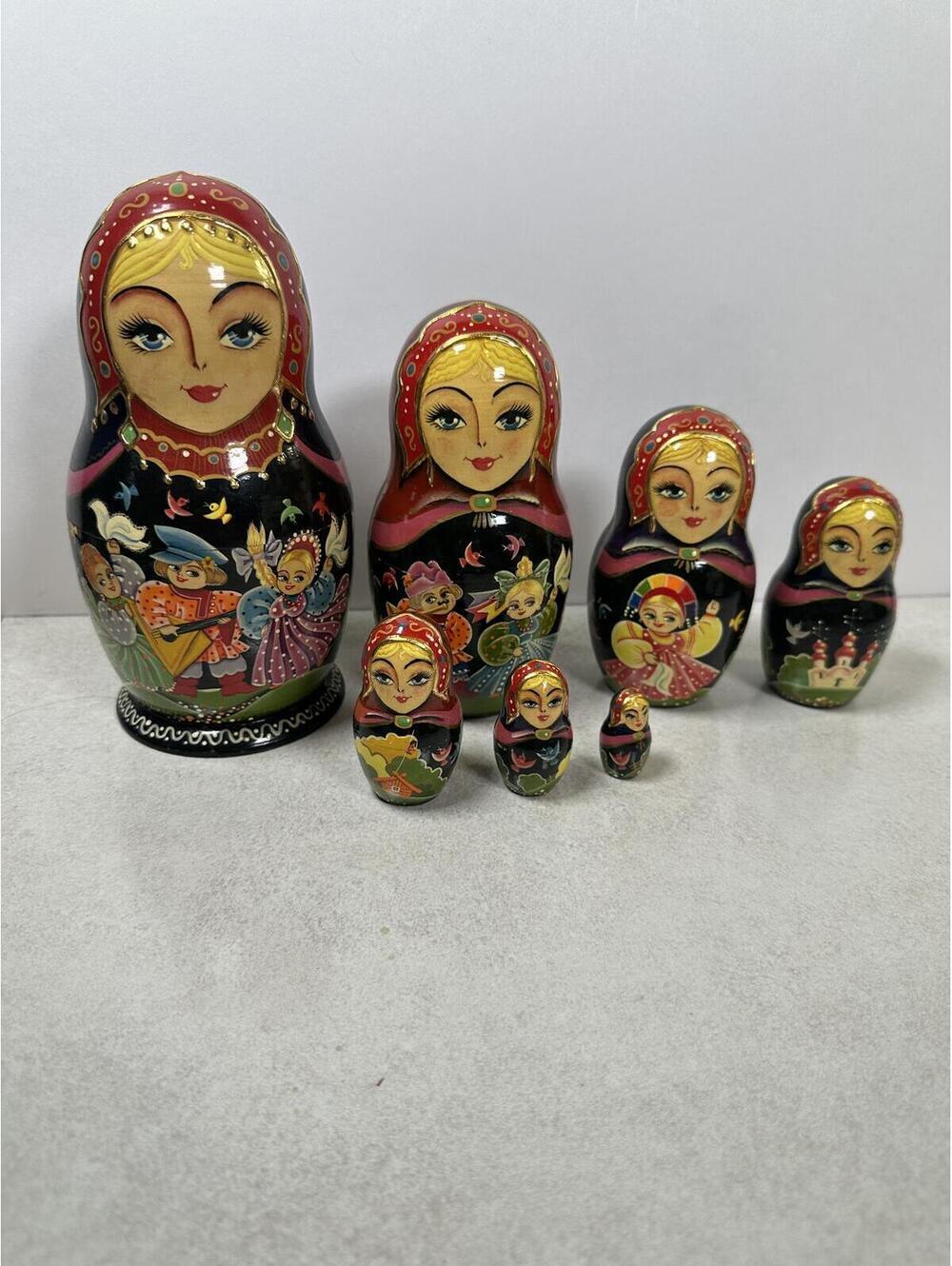 VTG 7 Pc Russian Matryoshka Fairy Tale Nesting Dolls Signed Hand Painted